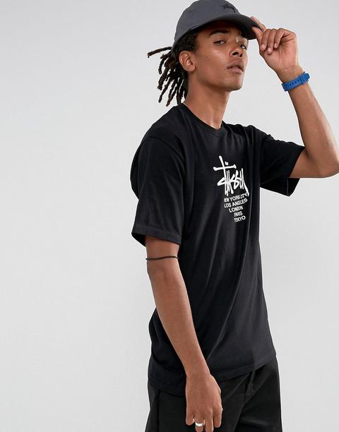 Stussy - T-shirt Nera Con Stampa Di Città - Nero