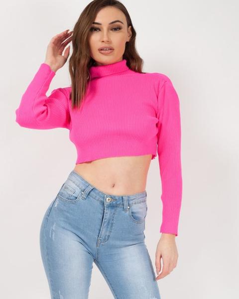 Karla Long Sleeved Crop Jumper In Neon Pink