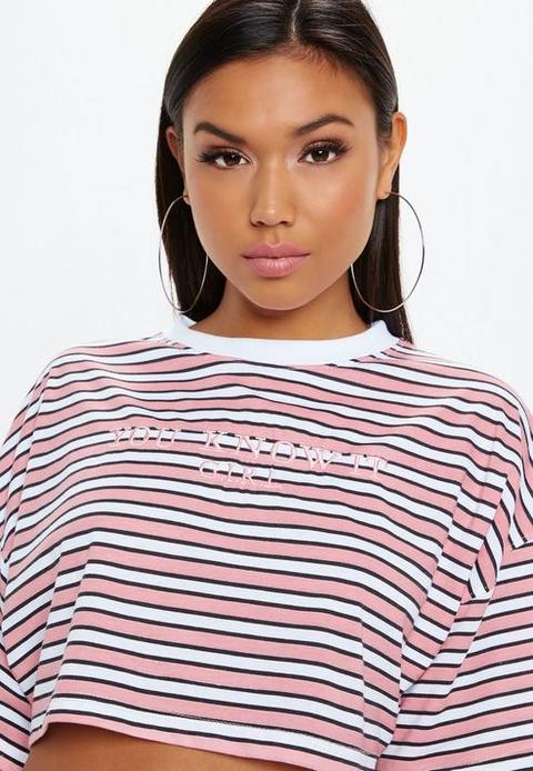 Embroidered Stripe Slogan Crop Top, Pink from Missguided on 21 Buttons