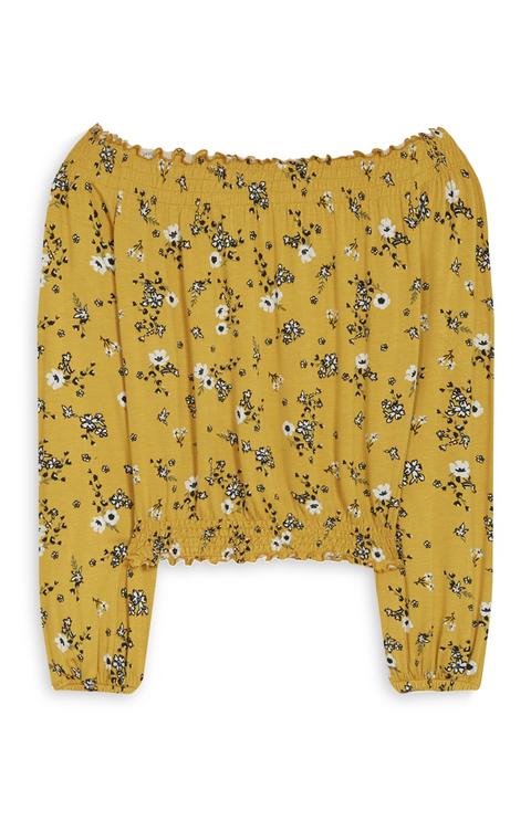 Top Amarillo Floral Con Escote Barco