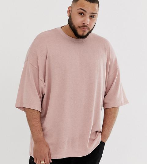 Asos Design Plus - Lang Geschnittenes Rosa Oversize-t-shirt In Waffeloptik Mit Halblangen Ärmeln - Rosa