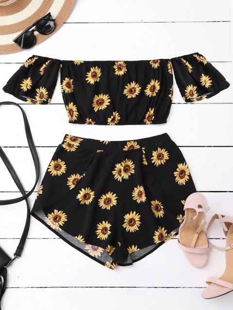 Top Corto A Spalle Scoperte E Pantaloncini Stampati A Girasole Black