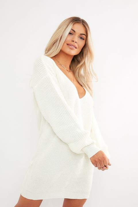 Cream Dresses - Sylvija Ivory V Plunge Front Jumper Dress