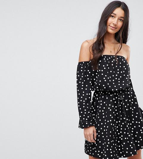 Vestido Skater De Manga Larga Con Escote Bardot Y Estampado De Lunares De Asos Tall