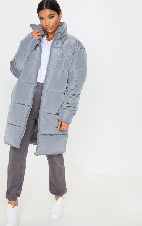 Grey Slogan Midi Oversized Puffer Coat