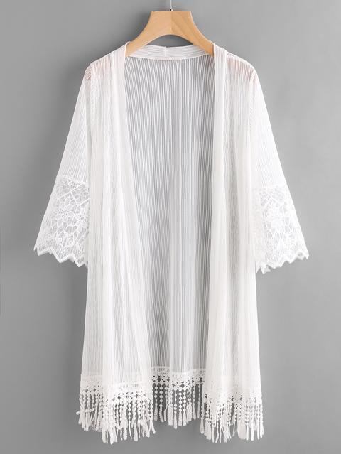 Kimono Con Bordado De Malla Con Flecos