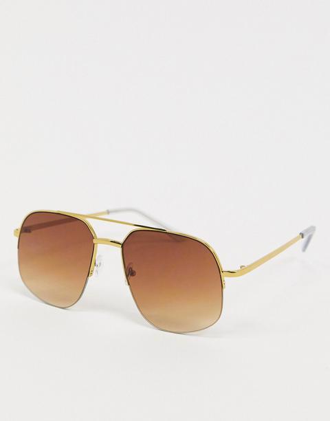 Asos Design Oversized Half Frame Aviator Sunglasses In Gold