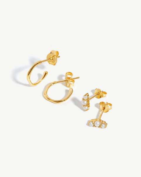 Mini Molten Pearl Earring Set 18ct Gold Plated Vermeil/pearl