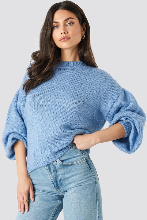 Crew Neck Volume Sleeve Knitted Sweater Blue