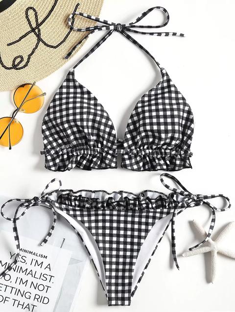 Bikini A Stringhe Con Strass A Quadri White And Black