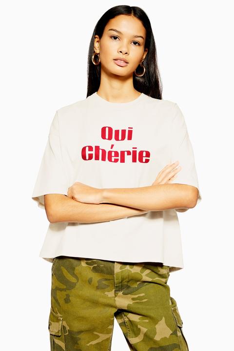 Womens 'oui Cherie' Slogan T-shirt - Cream, Cream