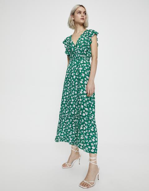 Vestido Verde Flores Goma Canilla