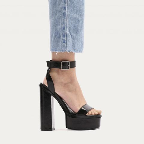 Valencia Metallic Platform Heels With Trim In Black