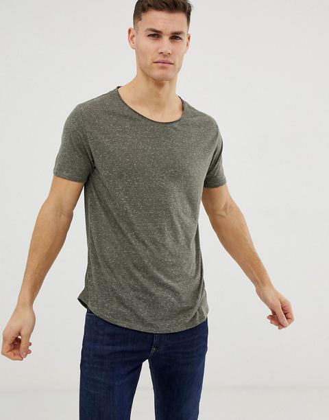 Asos Design - T-shirt Kaki Lunga E Comoda In Misto Lino Con Scollo Rotondo Grezzo E Fondo Arrotondato - Verde