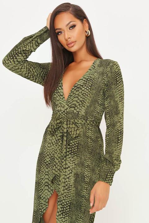 Green Snake Print Tie Waist Dress