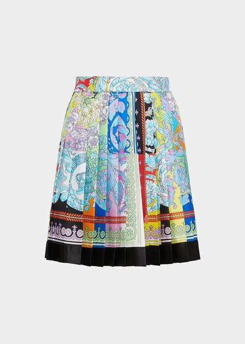 Technicolor Baroque Print Pleated Silk Skirt