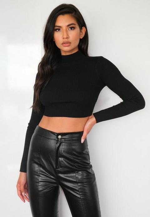 Petite Black Knitted High Neck Ribbed Crop Top, Black