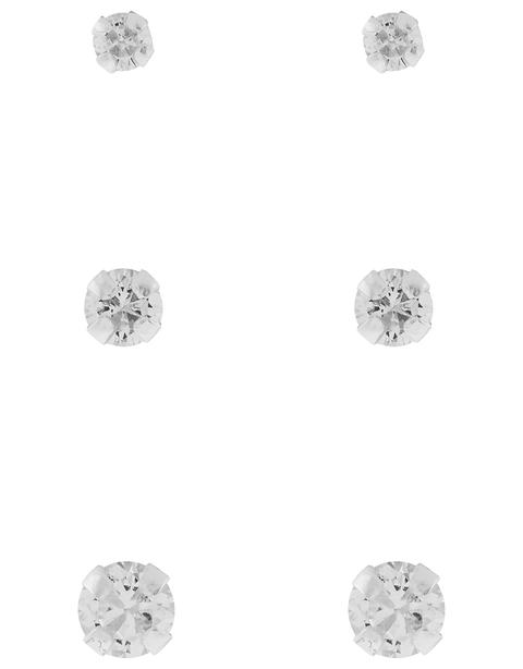 3x Sterling Silver Plain Crystal Stud Earrings Set