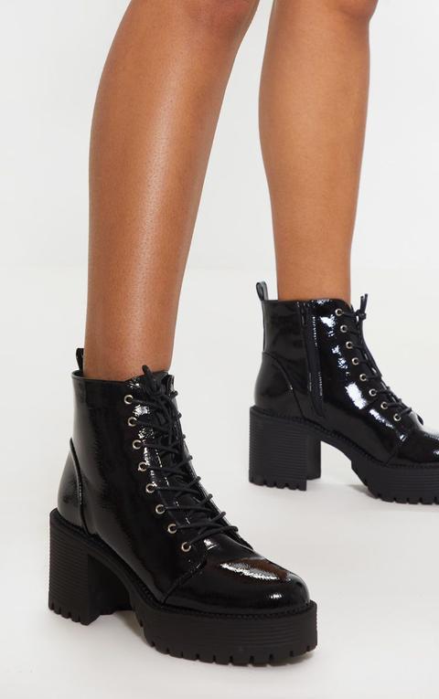 Black Patent Lace Up Chunky Cleated Ankle Boot