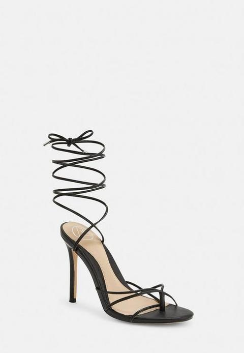 Black Strappy Toe Post Heeled Sandals, Black