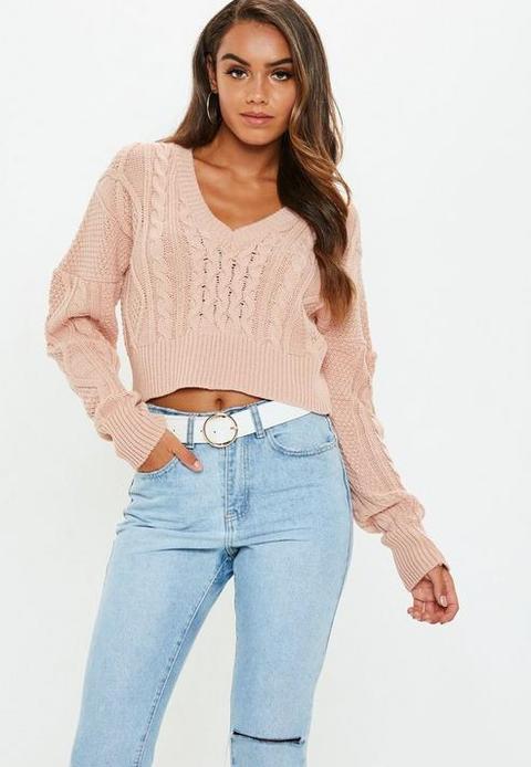 Pink V Neck Cable Knitted Cropped Jumper, Pink