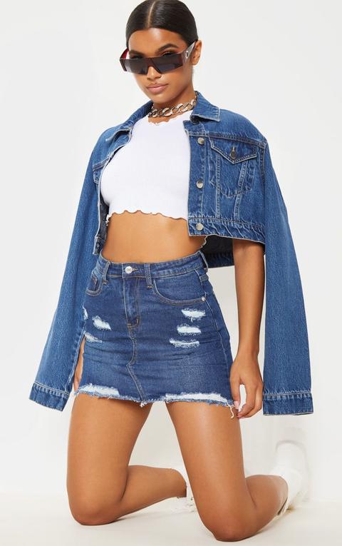 Dark Wash Distressed Rip Denim Mini Skirt