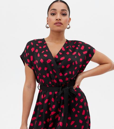 Petite Black Spot Satin Tie Waist Midi Wrap Dress New Look