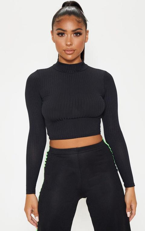 Petite Black High Neck Ribbed Long Sleeve Crop Top