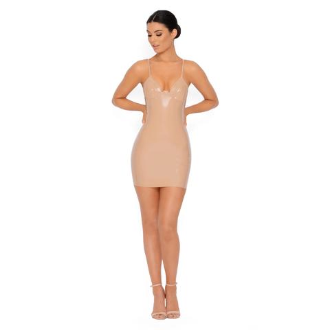 Better Latex Than Never Vinyl Mini Dress In Caramel