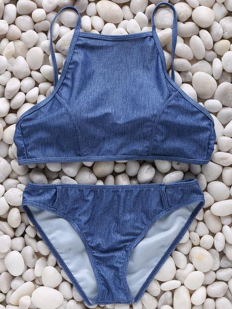 Denim Stampa Collo Alto Bikini