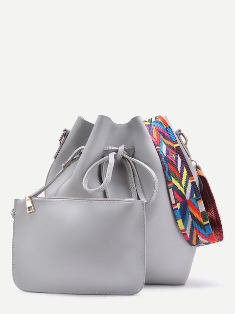 Contrast Strap Drawstring Bucket Bag With Crossbody Bag