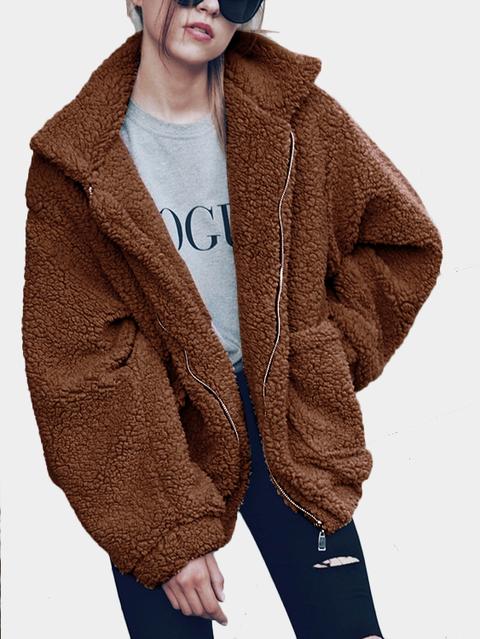 Brown Cozy Oversize Zip-up Faux Fur Coat