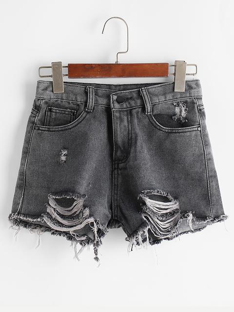 Black Ripped Raw Hem Denim Shorts