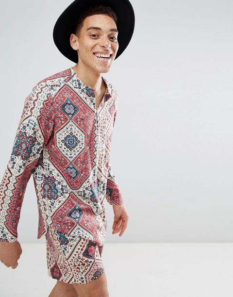 Asos Design Festival Regular Fit Overhead Co-ord Viscose Shirt With Aztec Design - Ecru