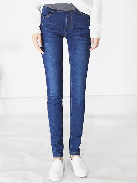 Blue Elastic Waist Thicken Jeans