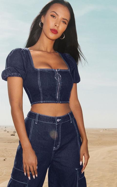 Mid Wash Puff Sleeve Denim Crop Top, Mid Blue Wash