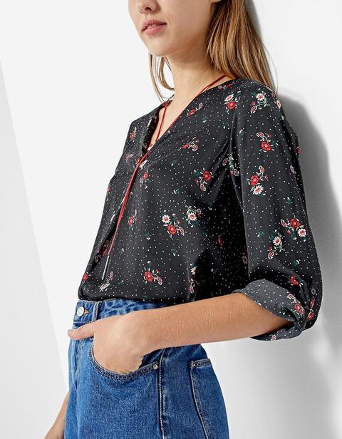 Camicia Lunga Scollo A V A Fiori Nero