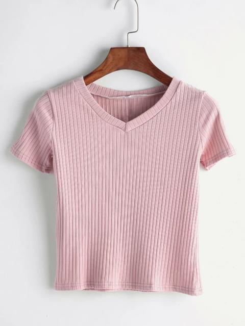 Camiseta Con Cuello En V De Canalé - Rosa