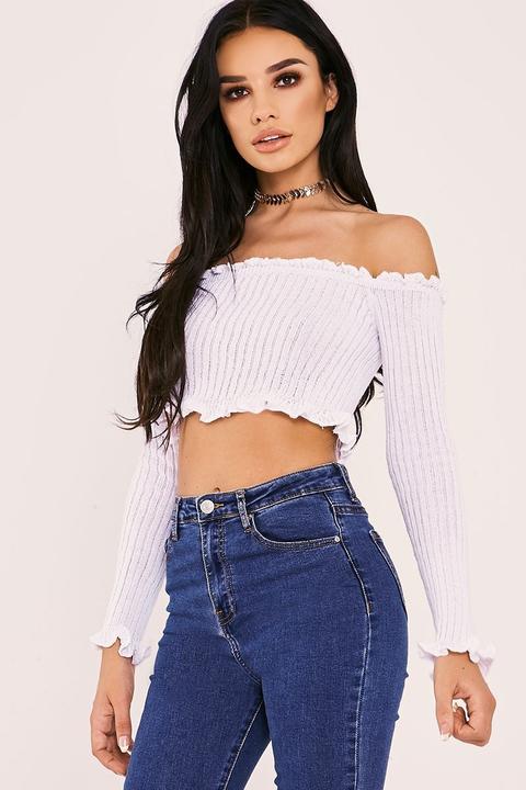 White Tops - Sarah Ashcroft White Ribbed Ruffle Long Sleeved Bardot Crop Top