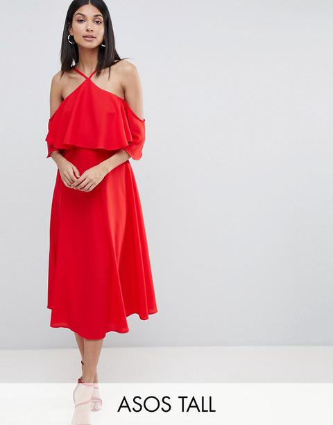 Asos Design Tall - Vestito Midi Con Top A Volant - Rosso