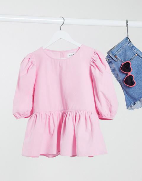 Monki Melina Cotton Poplin Frill Hem Blouse In Pink