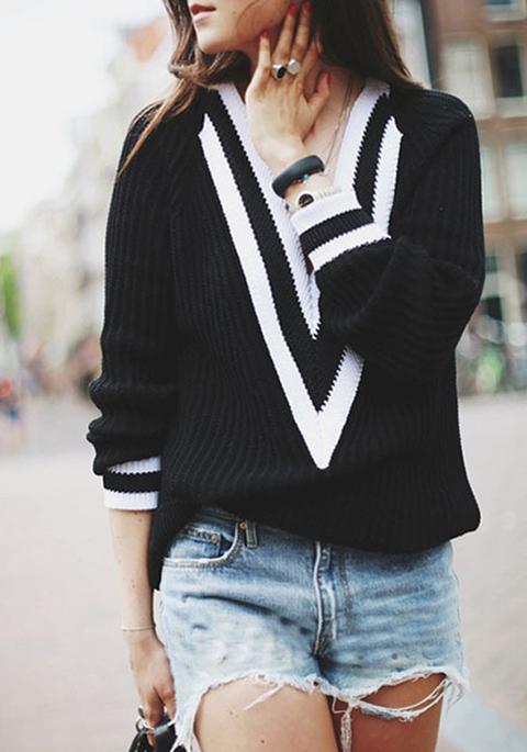 Black-white Patchwork Striped V-neck All-match Oversize Fashion Pullover Sweater