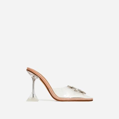 Midnight Diamante Detail Perspex Clear Heel Mule In Nude Patent, Nude