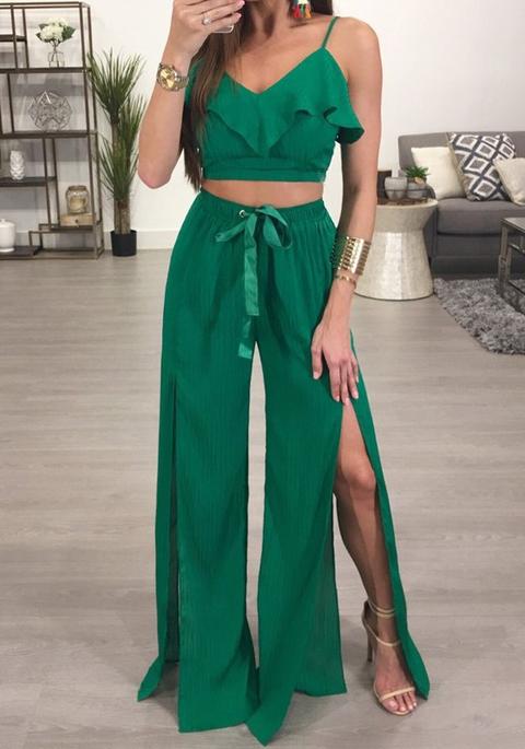 Tuta Fodera Coulisse Doppio Fascio Spaghetti Cinturino Largo Gamba Lunga Verde