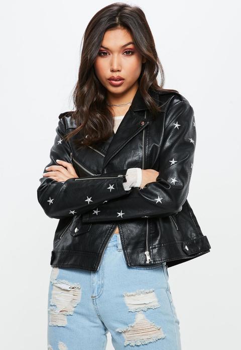 Chaqueta Biker Boyfriend Con Estrellas Bordadas En Negro