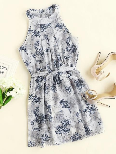 Floral Print Random Pleated Dress With Belt