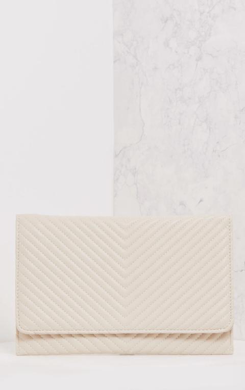 Chanile Cream Textured Quilted Clutch, White