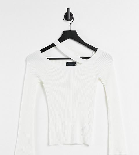 Asos Design Petite Jumper With Off Shoulder And Strap Detail In White