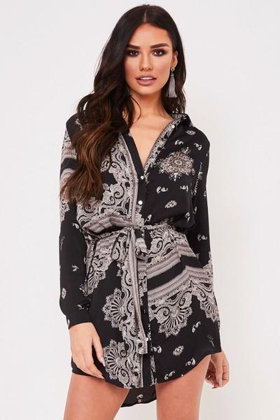 Gloria Black Paisley Print Shirt Dress