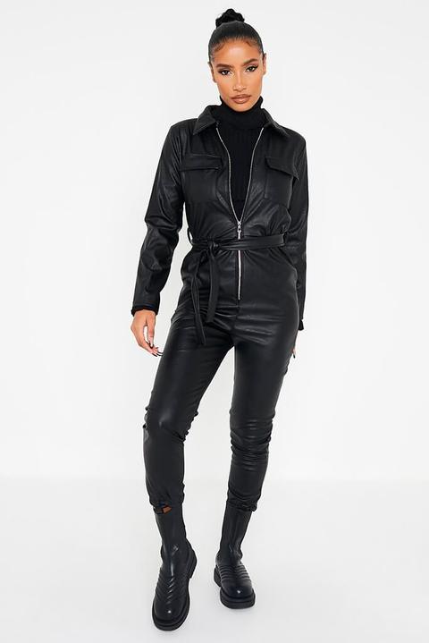 Black Faux Leather Belted Utility Jumpsuit